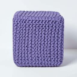 Rackhams Cube Cotton Knitted Pouffe Footstool Bean Filled Hand Knitted - Purple