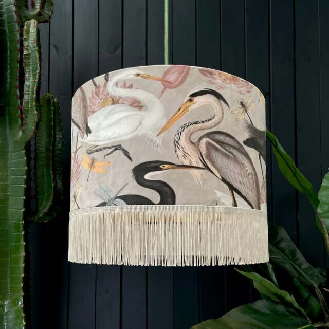 "Rackhams Bird Song Lampshade in Bone With Fringing - Ceiling Pendant / Arc Lamp - 35cm Diameter x 25cm Height (14"" x 10"")" - image 1