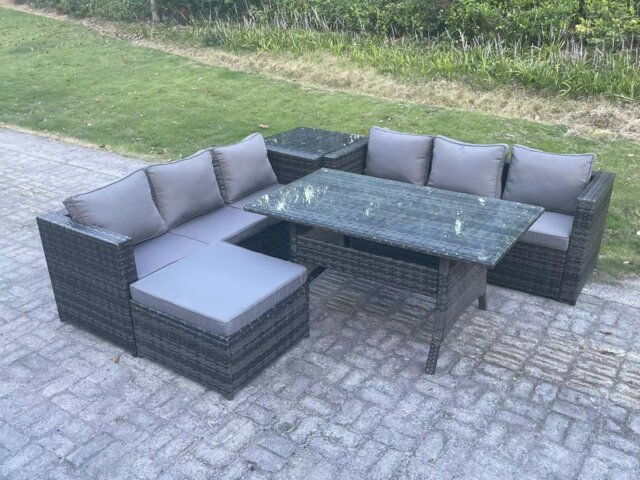 Rackhams PE Wicker Outdoor Garden Furniture Set Patio Rattan Rectangular Dining Table Lounge Sofa with Big Footstool Side Table 7 Seater Dark Grey Mixed - image 1