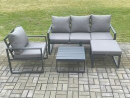 Rackhams Aluminium Outdoor Garden Furniture Set Lounge Sofa Chair Square Coffee Table Sets with Big Footstool Dark Grey - thumbnail 2