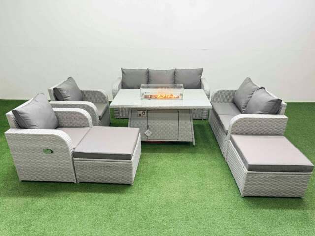 Rackhams PE Rattan Garden Furniture Set Reclining Chair Sofa Double Love Seat 2 Seater Sofa Lounge Set Fire Pit Dining Table 2 Big Footstool Light Grey - image 1