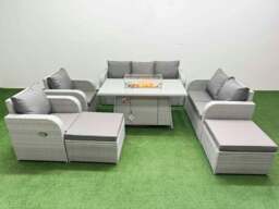 Rackhams PE Rattan Garden Furniture Set Reclining Chair Sofa Double Love Seat 2 Seater Sofa Lounge Set Fire Pit Dining Table 2 Big Footstool Light Grey - thumbnail 1