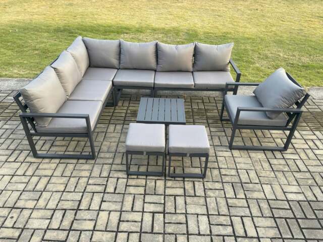 Rackhams 9 Seater Aluminium Garden Furniture Set Outdoor Lounge Corner Sofa Chair Square Coffee Table Sets with 2 Small Footstools Dark Grey