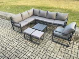 Rackhams 9 Seater Aluminium Garden Furniture Set Outdoor Lounge Corner Sofa Chair Square Coffee Table Sets with 2 Small Footstools Dark Grey - thumbnail 2