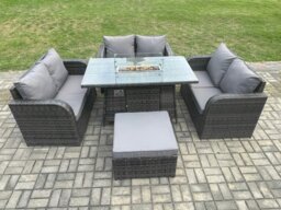 Rackhams Rattan Outdoor Garden Furniture Sofa Set Gas Fire Pit Dining Table Gas Heater with Love Sofa Big Footstool Dark Grey Mixed - thumbnail 1