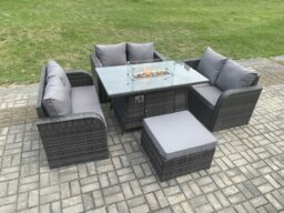 Rackhams Rattan Outdoor Garden Furniture Sofa Set Gas Fire Pit Dining Table Gas Heater with Love Sofa Big Footstool Dark Grey Mixed - thumbnail 2