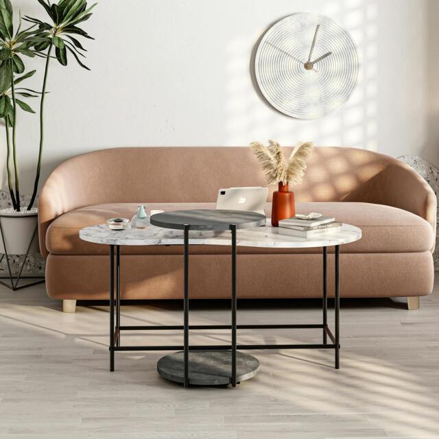 Rackhams Modern Cuddle Coffee Tables 2 Piece Nested Table Round w Wheels and Oval Table Metal Legs Office - Retro Grey - image 1