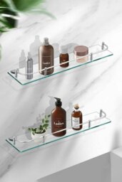 Rackhams 50cm Shelf Tempered Glass 6MM Thick Storage Organizer Wall Mounted Bathroom - Silver - thumbnail 5