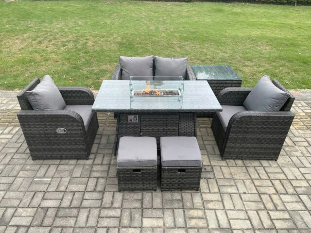 Rackhams Rattan Garden Furniture Set Outdoor Patio Gas Fire Pit Dining Table and Chairs with Side Table Love seat Sofa 2 Small Footstools - image 1