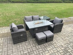 Rackhams Rattan Garden Furniture Set Outdoor Patio Gas Fire Pit Dining Table and Chairs with Side Table Love seat Sofa 2 Small Footstools - thumbnail 2