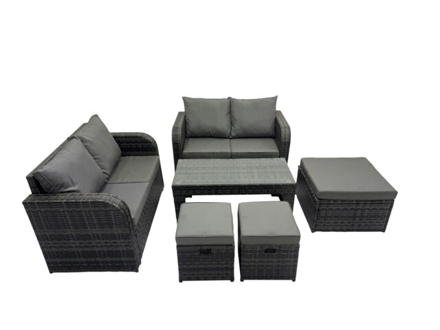 Rackhams 3 Seater Sofa Reclining Chair Coffee Table Set Rattan Garden Outdoor Furniture Set with 3 Stools Dark Grey Mixed - image 1
