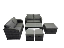 Rackhams 3 Seater Sofa Reclining Chair Coffee Table Set Rattan Garden Outdoor Furniture Set with 3 Stools Dark Grey Mixed - thumbnail 1