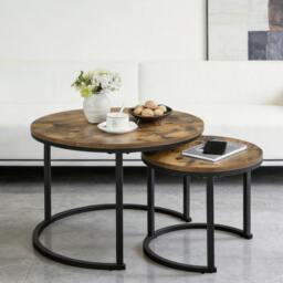 Rackhams Nesting Coffee Tables Set of 2 Round Stacking Sofa Side Tables - 1 - MDF+ Iron - BROWN - thumbnail 3