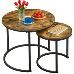 Rackhams Nesting Coffee Tables Set of 2 Round Stacking Sofa Side Tables - 1 - MDF+ Iron - BROWN