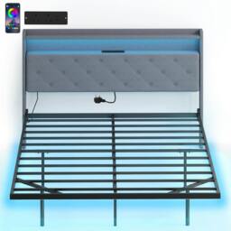Rackhams Floating Bed Frame with RGB Lights, Upholstered King Size Bed, Grey - Grey - 210 - Upholstered - thumbnail 2