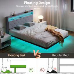 Rackhams Floating Bed Frame with RGB Lights, Upholstered King Size Bed, Grey - Grey - 210 - Upholstered - thumbnail 4