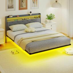 Rackhams Floating Bed Frame with RGB Lights, Upholstered King Size Bed, Grey - Grey - 210 - Upholstered - thumbnail 1