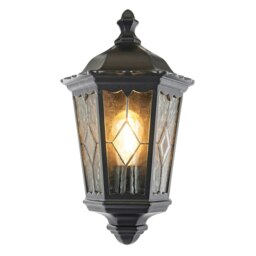 Rackhams Traditional Black Half Lantern Outdoor Wall Lamp with Cathedral Textured Glass - thumbnail 2