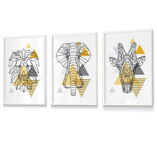 Rackhams Yellow Geometric Giraffe Lion Elephant Set of 3 Framed Wall Art - 30x42cm (A3) - White - image 1
