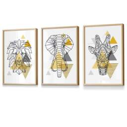 Rackhams Yellow Geometric Giraffe Lion Elephant Set of 3 Framed Wall Art - 30x42cm (A3) - White - thumbnail 6