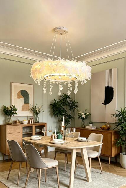 Rackhams Double-Layer Feather LED Chandelier Pendant Light with Crystals - White - One Size - image 1