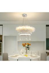 Rackhams Double-Layer Feather LED Chandelier Pendant Light with Crystals - White - One Size - thumbnail 4