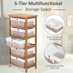 Rackhams 5 Drawer Dresser Wicker Basket Storage Shelf Unit Wooden Frame Home Organisation Cabinet Bedroom Office Furniture Natural Finish - thumbnail 4