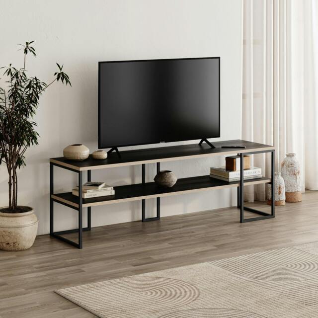 Rackhams Modern TV Unit 140cm Open Shelf Design w/Plywood Edge, Black Metal Frames TV Stand up to 55' TVs Living Room - Black - image 1