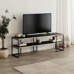 Rackhams Modern TV Unit 140cm Open Shelf Design w/Plywood Edge, Black Metal Frames TV Stand up to 55' TVs Living Room - Black