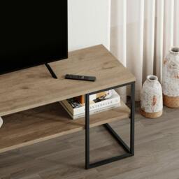 Rackhams Modern TV Unit 140cm Open Shelf Design w/Plywood Edge, Black Metal Frames TV Stand up to 55' TVs Living Room - Black - thumbnail 4