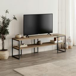 Rackhams Modern TV Unit 140cm Open Shelf Design w/Plywood Edge, Black Metal Frames TV Stand up to 55' TVs Living Room - Black - thumbnail 2