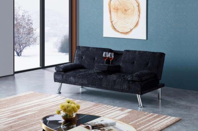 Rackhams Verona Crushed Velvet Sofa Bed with Drink Cup Holder - Black - image 1