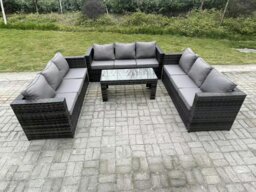 Rackhams Outdoor 3 PC Three Seater Ssofa Rattan Garden Furniture Lounge Sofa Set With Oblong Rectagular Coffee Table - thumbnail 1
