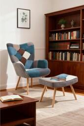 Rackhams Multicoloured Upholstered Wingback Armchair with Footstool - Blue - One Size - thumbnail 2