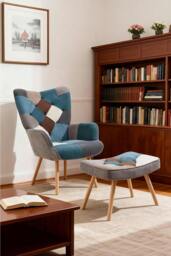 Rackhams Multicoloured Upholstered Wingback Armchair with Footstool - Blue - One Size - thumbnail 1