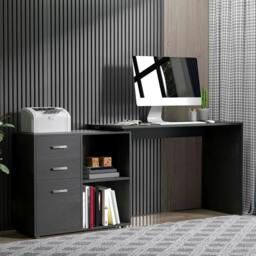 Rackhams L Shaped Computer Desk, Reversible Home Office Desk with Drawers, File Cabinet and Storage Shelves, Study Table, 117 x 83.5 x 76cm, Black - thumbnail 2
