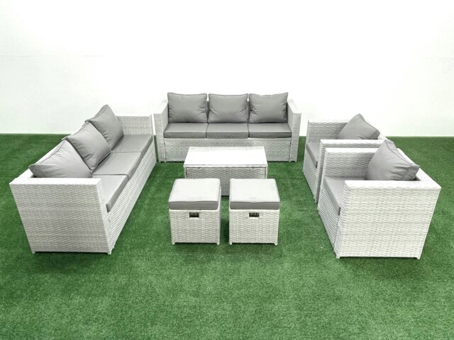 Rackhams Outdoor Rattan Sofa Garden Furniture Set with 2 Armchairs Oblong Coffee Table 2 Small Footstools Light Grey Mixed - image 1