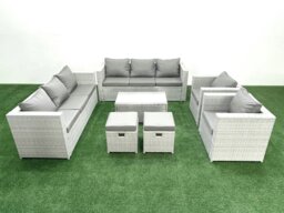 Rackhams Outdoor Rattan Sofa Garden Furniture Set with 2 Armchairs Oblong Coffee Table 2 Small Footstools Light Grey Mixed - thumbnail 1
