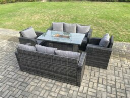 Rackhams Rattan Outdoor Garden Furniture Sofa Set Gas Fire Pit Dining Table Gas Heater with 3 Seater Sofa Recling Chair 8 Seater Dark Grey Mixed - thumbnail 2