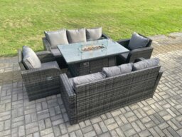 Rackhams Rattan Outdoor Garden Furniture Sofa Set Gas Fire Pit Dining Table Gas Heater with 3 Seater Sofa Recling Chair 8 Seater Dark Grey Mixed - thumbnail 1
