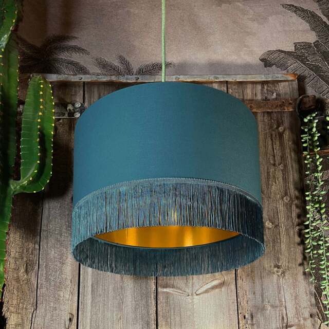 "Rackhams Petrol Blue Lampshade with Gold Lining & Blue Fringing - Table / Floor Lamp - 30cm Diameter x 20cm Height / (12"" x 8"")" - image 1