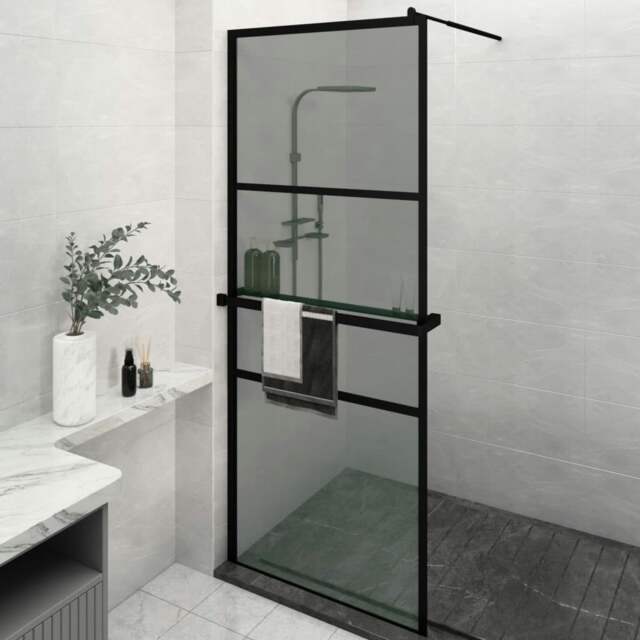 Rackhams Walk-in Shower Wall with Shelf Black 80x195cm ESG Glass&Aluminium