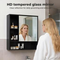 Rackhams Bathroom Mirror Cabinet Wall Mounted Storage Cupboard Black Open Shelf - thumbnail 6