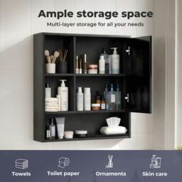 Rackhams Bathroom Mirror Cabinet Wall Mounted Storage Cupboard Black Open Shelf - thumbnail 5