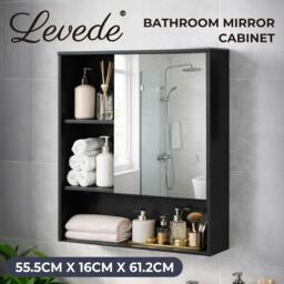 Rackhams Bathroom Mirror Cabinet Wall Mounted Storage Cupboard Black Open Shelf - thumbnail 2