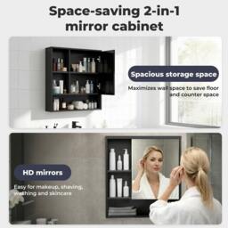 Rackhams Bathroom Mirror Cabinet Wall Mounted Storage Cupboard Black Open Shelf - thumbnail 4