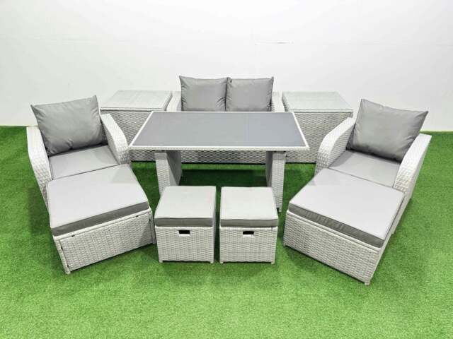 Rackhams 8 Seater Patio Garden Furniture Sets with Dining Table Love Sofa 2 Side Tables 4 Stools Light Grey - image 1