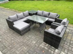 Rackhams 9 Seater Wicker Rattan Outdoor Furniture Lounge Sofa Garden Dining Set with Dining Table 2 Armchairs Side Tables Big Footstool Dark Grey Mixed - thumbnail 1