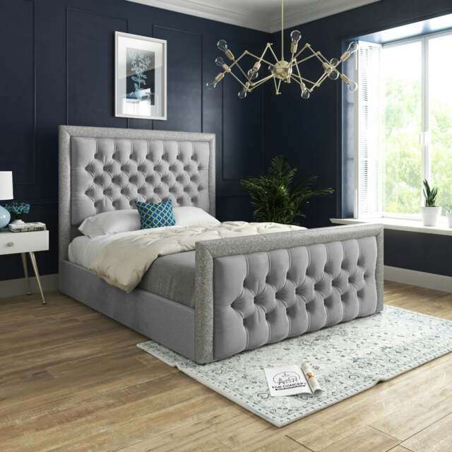 Rackhams Turin Straight Winged Upholstered Soft Velvet Bed Frame - Cream - Grey - Single - image 1