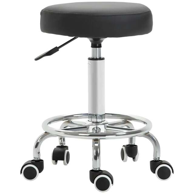 Rackhams Round Rolling Stool, PU Leather Height Adjustable Stool Chair with Wheels and Swivel Seat for Salon, Massage, Spa, Home Kitchen, Black - image 1